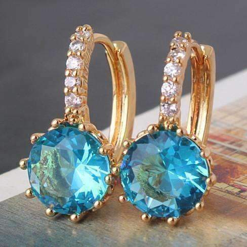 Feshionn IOBI Earrings Yellow Gold ON SALE - Blue Topaz CZ Solitaire Gold Plated Hoops