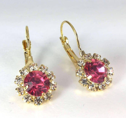 Feshionn IOBI Earrings Yellow Gold Pink Crystal Flower Drop Earrings ~ White or Yellow Gold