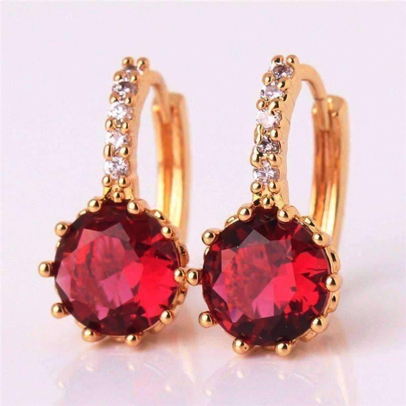 Feshionn IOBI Earrings Yellow Gold plated Ruby Red CZ Solitaire White Or Yellow Gold Hoop Earrings