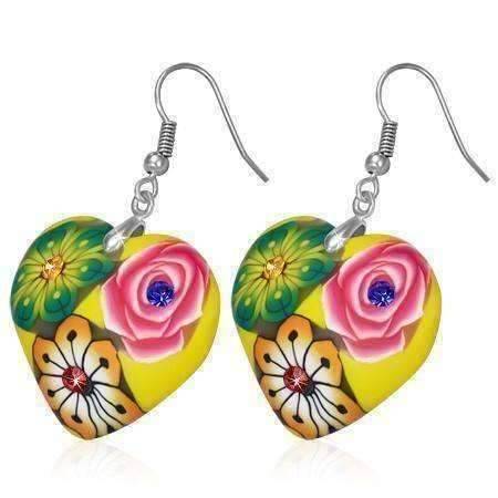 Feshionn IOBI Earrings Yellow Heart Handcrafted Floral Cane Work Clay & CZ Earrings ~ Three Lively Colors to Choose From