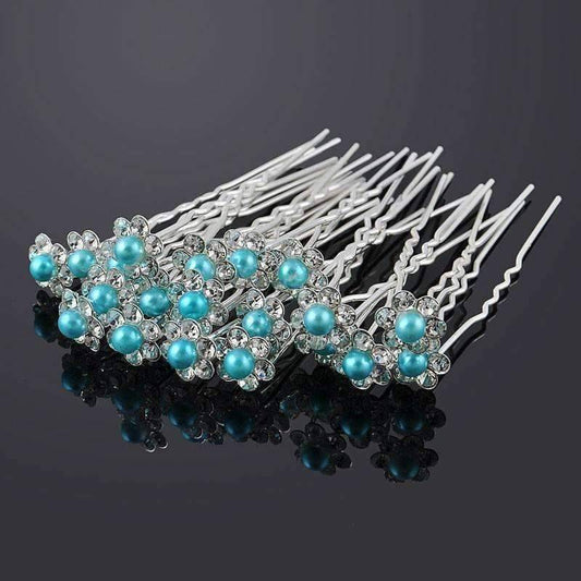 Feshionn IOBI Hair Jewelry Aqua / 1 Small Pearl & Rhinestone Flower Hair Pins in 12 Elegant Colors