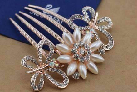 Feshionn IOBI Hair Jewelry Gardenia Pearl Flower and Crystal Butterfly Gold Plated Hair Comb