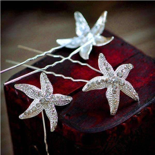 Feshionn IOBI Hair Jewelry Large Crystal Accented Starfish Silver Plated Hair Pins