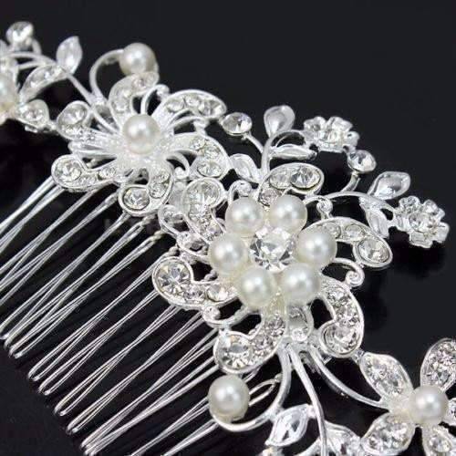 Feshionn IOBI Hair Jewelry Pretty Pearl Silver Plated Floral Crystal Hair Comb