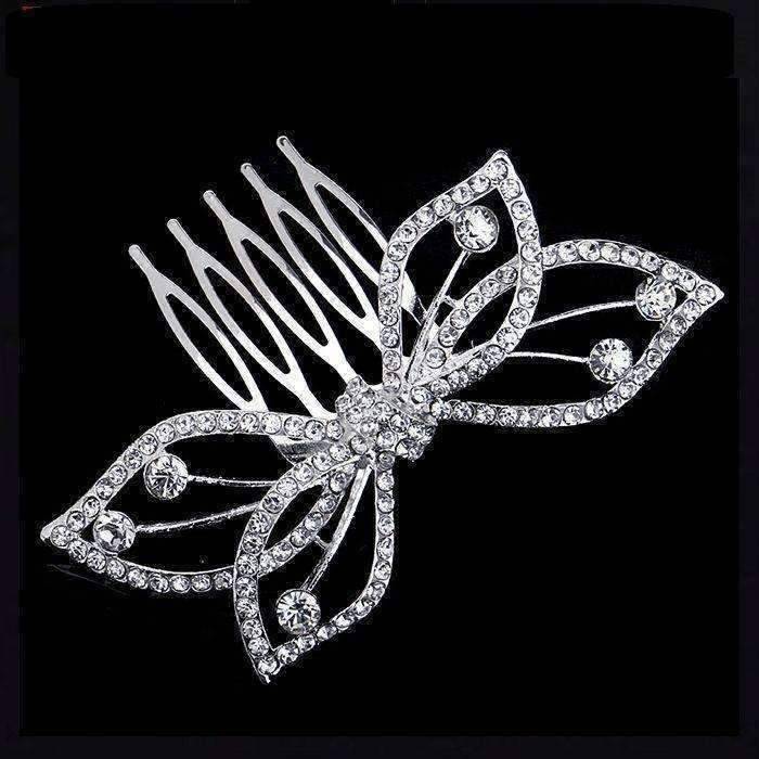 Feshionn IOBI Hair Jewelry Silver Butterfly Bow Crystal and Silver Plated Hair Comb