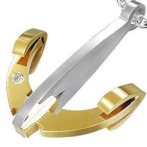 Feshionn IOBI Necklaces 2 Tone Marine Anchor Two Tone w/cz Diamond Necklace for Men or Women