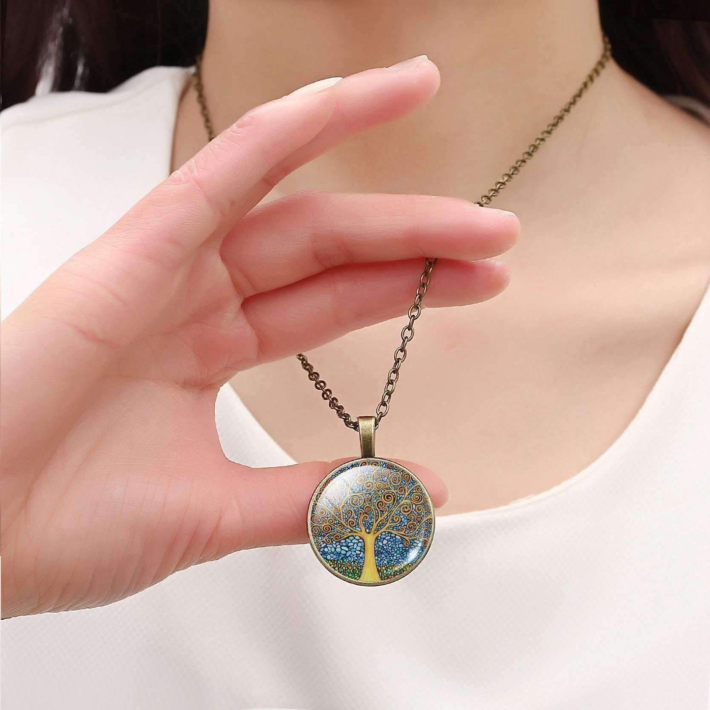 Feshionn IOBI Necklaces Abstract Art Tree Glass Cabochon Medallion Necklace