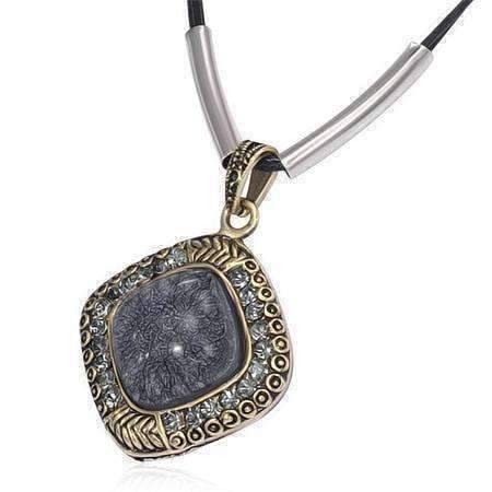 Feshionn IOBI Necklaces Black Black Labradorite Cabochon Gemstone & CZ Pendant Leather Necklace