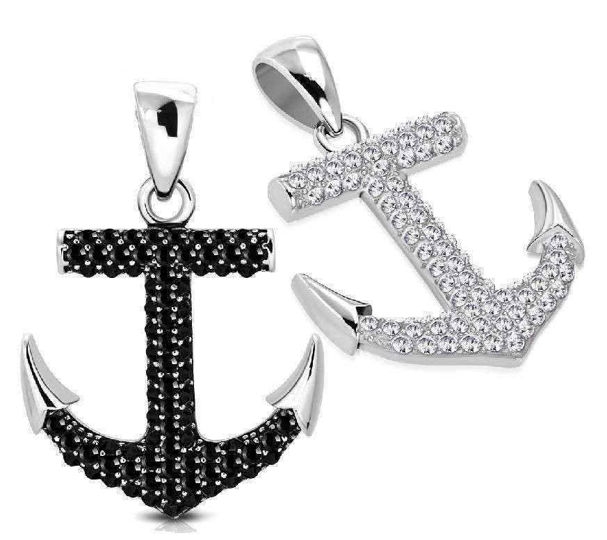 Feshionn IOBI Necklaces Black CZ CZ Encrusted Mariner's Anchor Stainless Steel Pendant Necklace in Black or White CZ