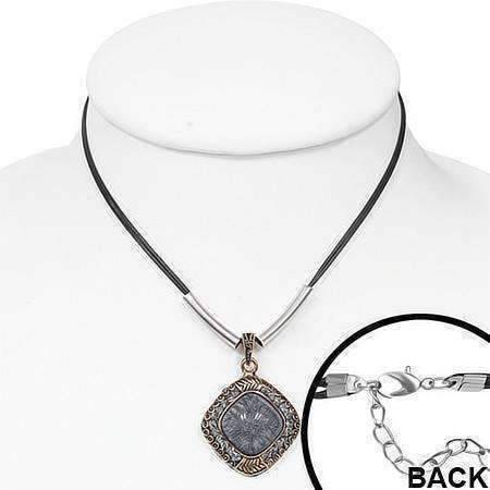 Feshionn IOBI Necklaces Black Labradorite Cabochon Gemstone & CZ Pendant Leather Necklace
