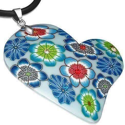 Feshionn IOBI Necklaces Blue Blue Colorful Flowers Hand Made Heart Necklace