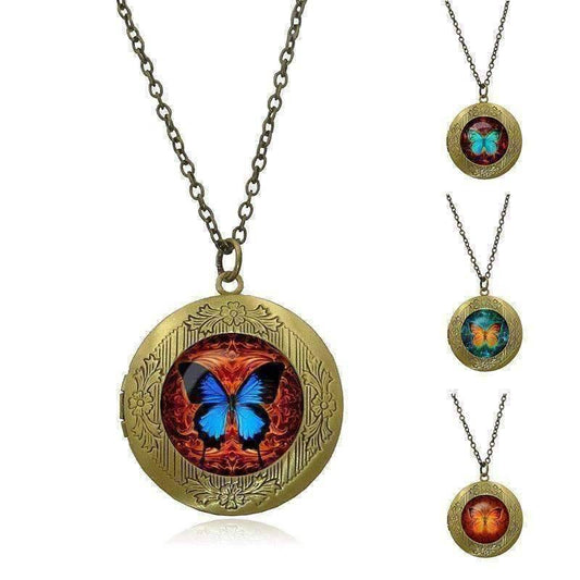 Feshionn IOBI Necklaces Blue-Red CLEARANCE - Butterfly Glass Cabochon Antique Locket Necklace