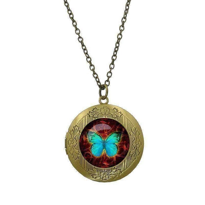 Feshionn IOBI Necklaces Bronze CLEARANCE - Butterfly Glass Cabochon Antique Locket Necklace - Teal on Red