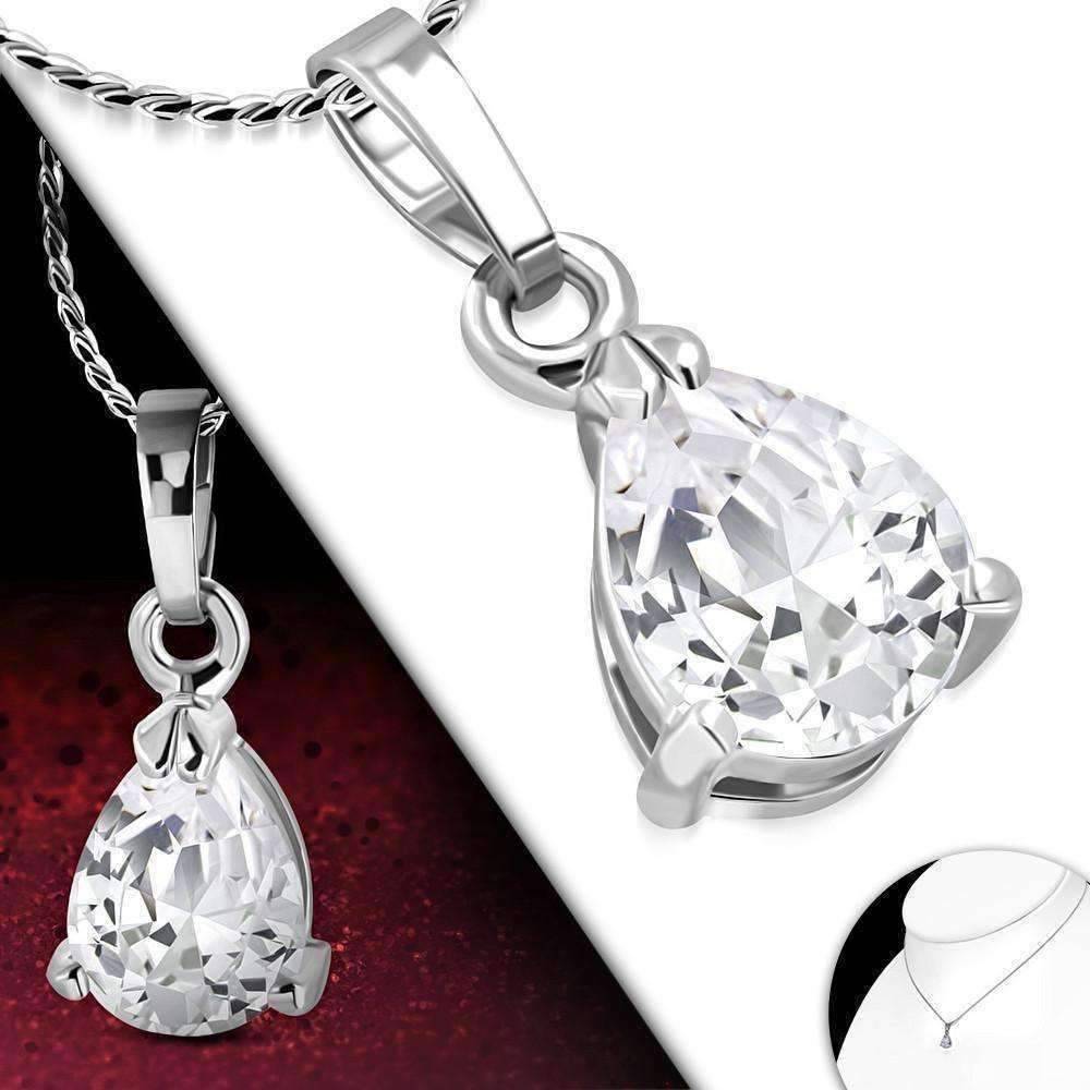 Feshionn IOBI Necklaces Clear ON SALE - "Dainty Droplet" Infused Cubic Zirconia Pear Pendant Necklace