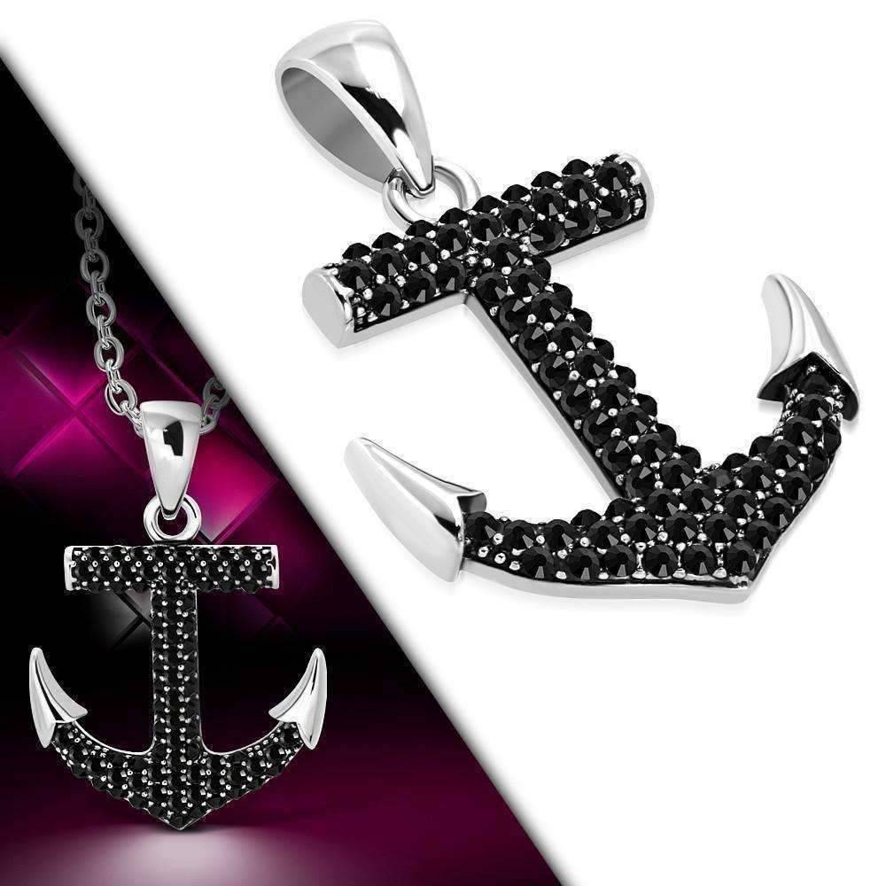 Feshionn IOBI Necklaces CZ Encrusted Mariner's Anchor Stainless Steel Pendant Necklace in Black or White CZ