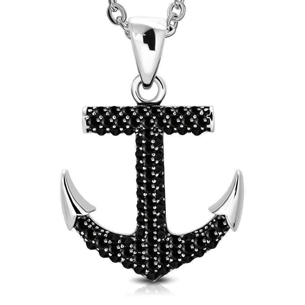 Feshionn IOBI Necklaces CZ Encrusted Mariner's Anchor Stainless Steel Pendant Necklace in Black or White CZ