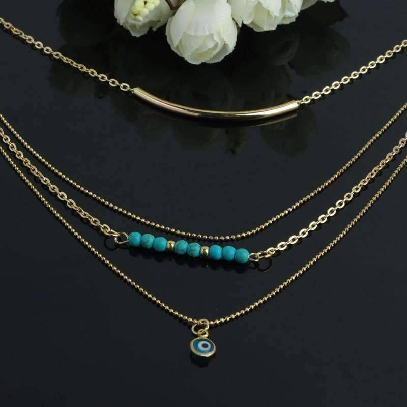 Feshionn IOBI Necklaces Delicately Layered Gold and Turquoise Necklace