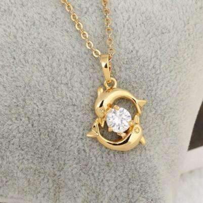 Feshionn IOBI Necklaces Double Dolphins 18k Gold Plated Necklace with CZ Accent
