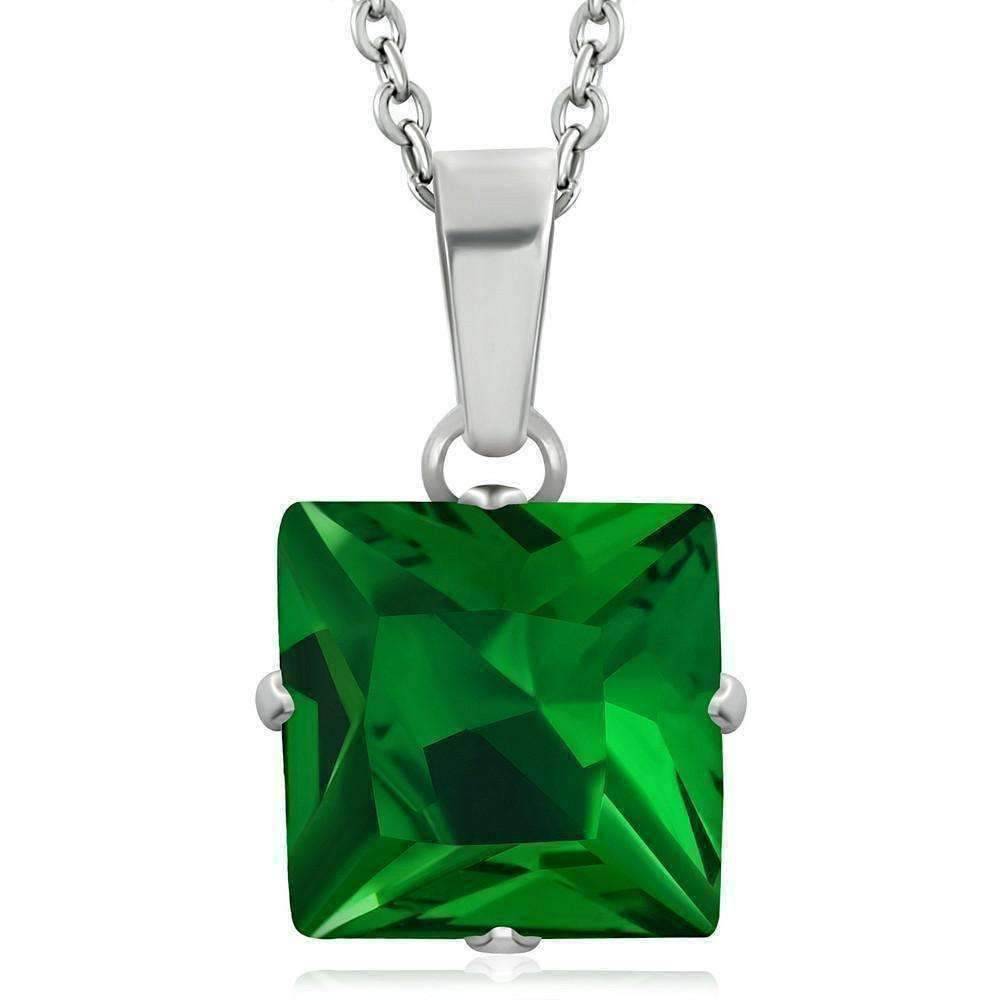 Feshionn IOBI Necklaces "Envy" Emerald Green Princess Cut CZ Solitaire Pendant Necklace in Stainless Steel