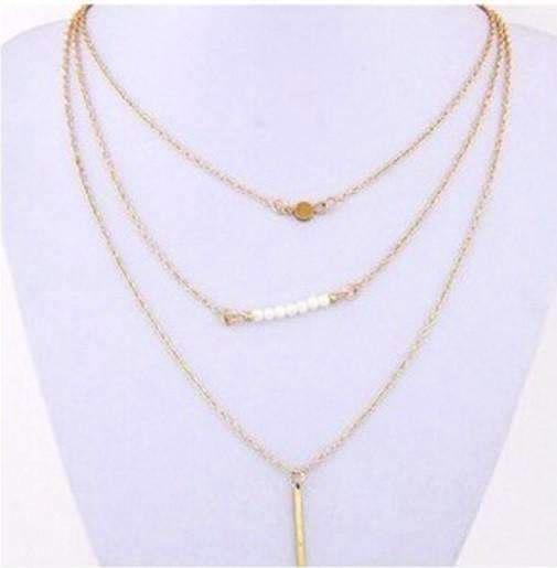 Feshionn IOBI Necklaces Gold Delicately Layered Pearl and Gold Triple Chain Necklace
