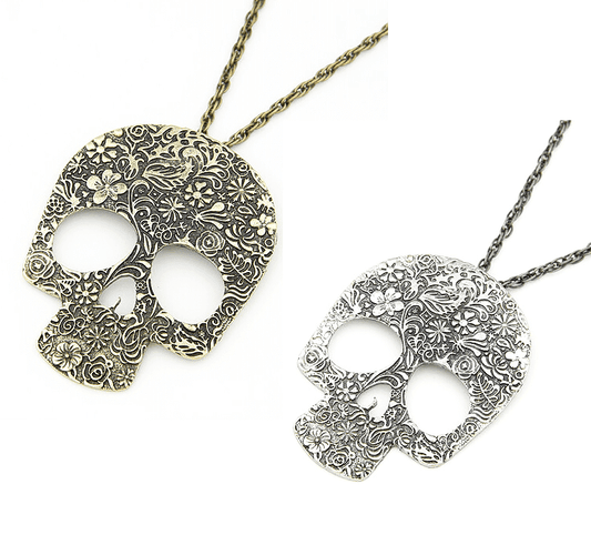Feshionn IOBI Necklaces Gold Tone Blossoming Skull Floral Etched Necklace