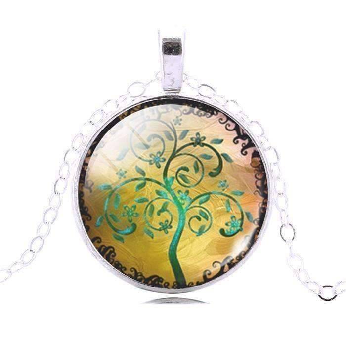 Feshionn IOBI Necklaces Green Glass Cabochon Medallion Necklace - Green Tree