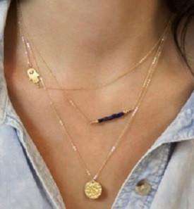 Feshionn IOBI Necklaces Hamsa Delicately Layered Blue Bead and Hamsa Three Chain Gold Necklace