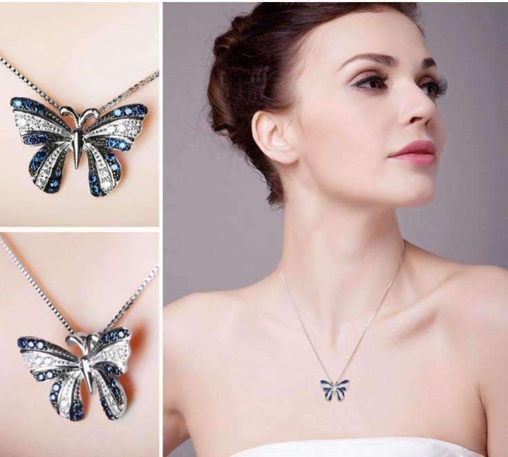 Feshionn IOBI Necklaces Papillon Blue Spinel Butterfly IOBI Precious Gems Halo Pendant Necklace