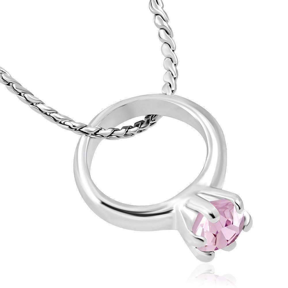Feshionn IOBI Necklaces Pink CLEARANCE - Tiny Pink CZ Birthstone Ring Charm Pendant Necklace