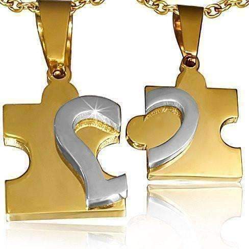 Feshionn IOBI Necklaces Puzzle Heart Pendants Necklace Set in Gold and Stainless Steel for Men or Women