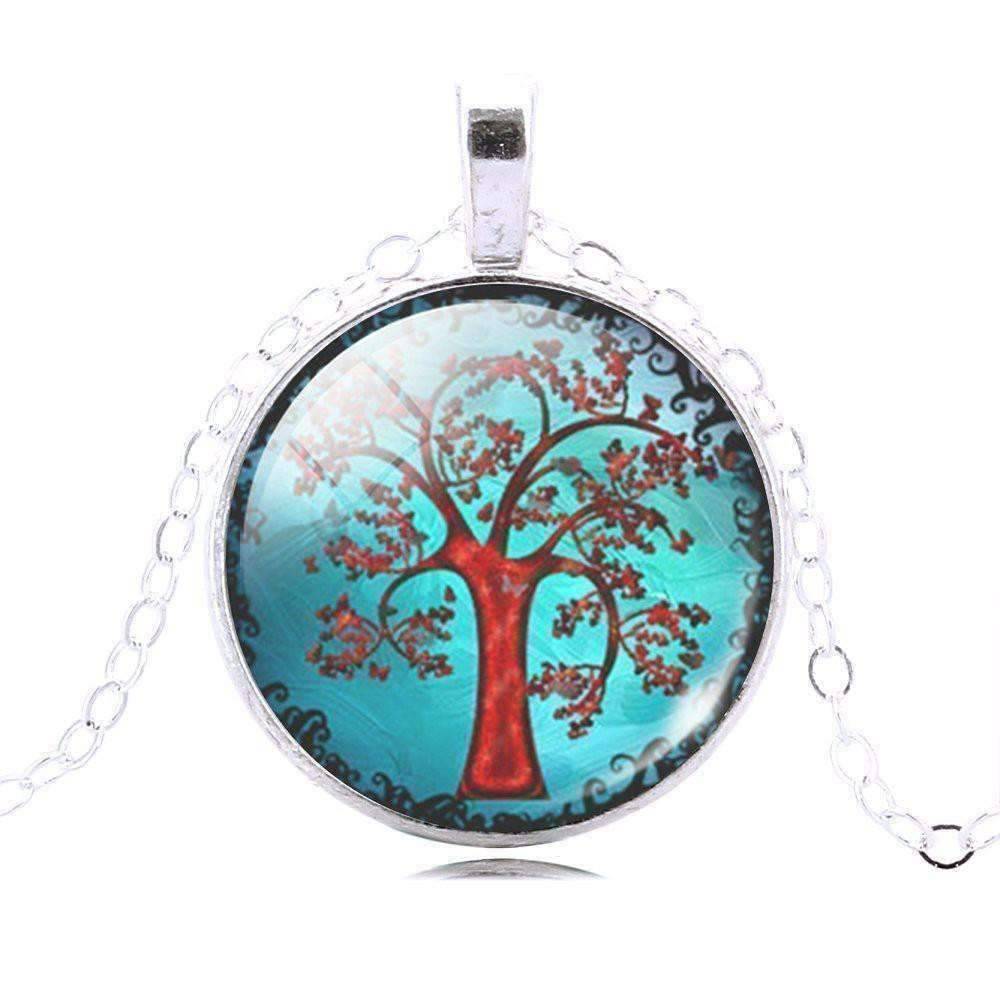 Feshionn IOBI Necklaces Silver Glass Cabochon Medallion Necklace - Red Tree