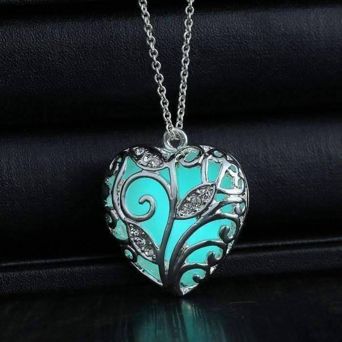 Feshionn IOBI Necklaces Silver Lustrous Heart Glow in The Dark Pendant Necklace