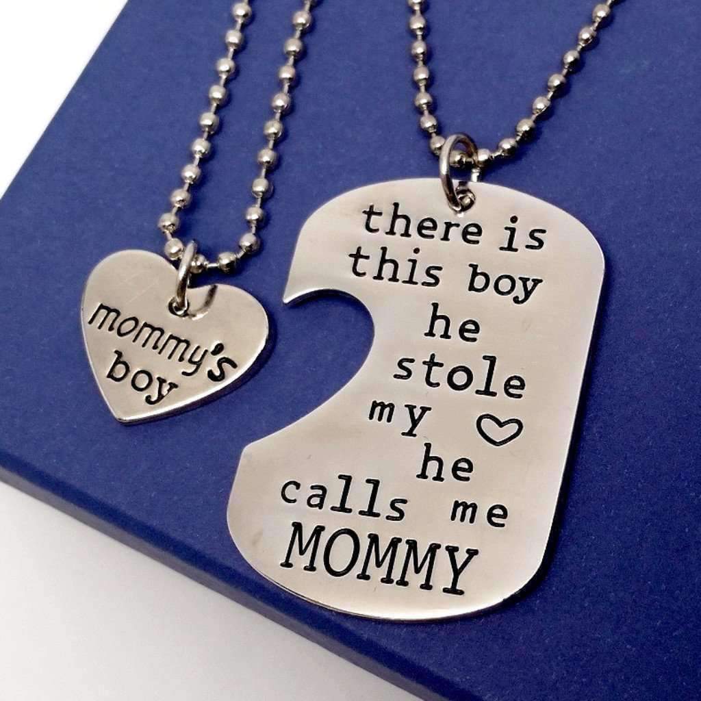 Feshionn IOBI Necklaces Silver Mommy & Son Inspirational Heart Charm Dog Tag Necklace Set
