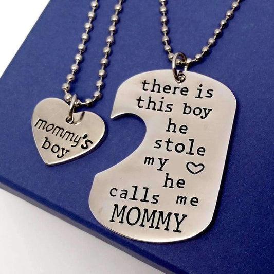 Feshionn IOBI Necklaces Silver Mommy & Son Inspirational Heart Charm Dog Tag Necklace Set