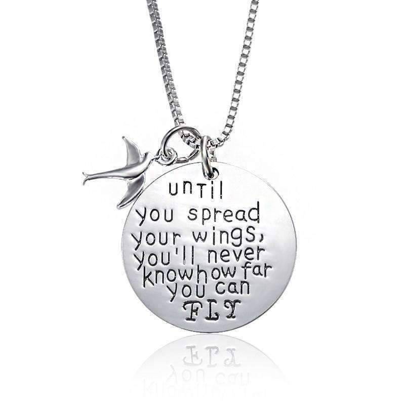 Feshionn IOBI Necklaces Silver ON SALE - "Until You Spread Your Wings, You'll Never Know How Far You Can FLY" Inspirational Charm Necklace