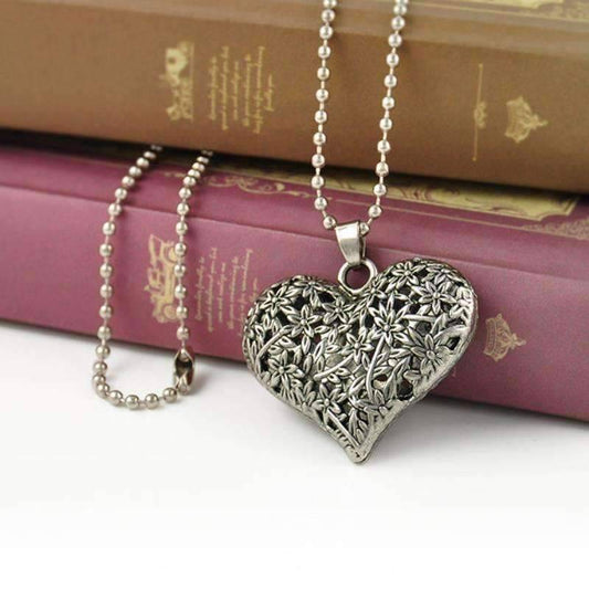 Feshionn IOBI Necklaces Silver Patina Floral Motif Hollow Puffed Heart Necklace