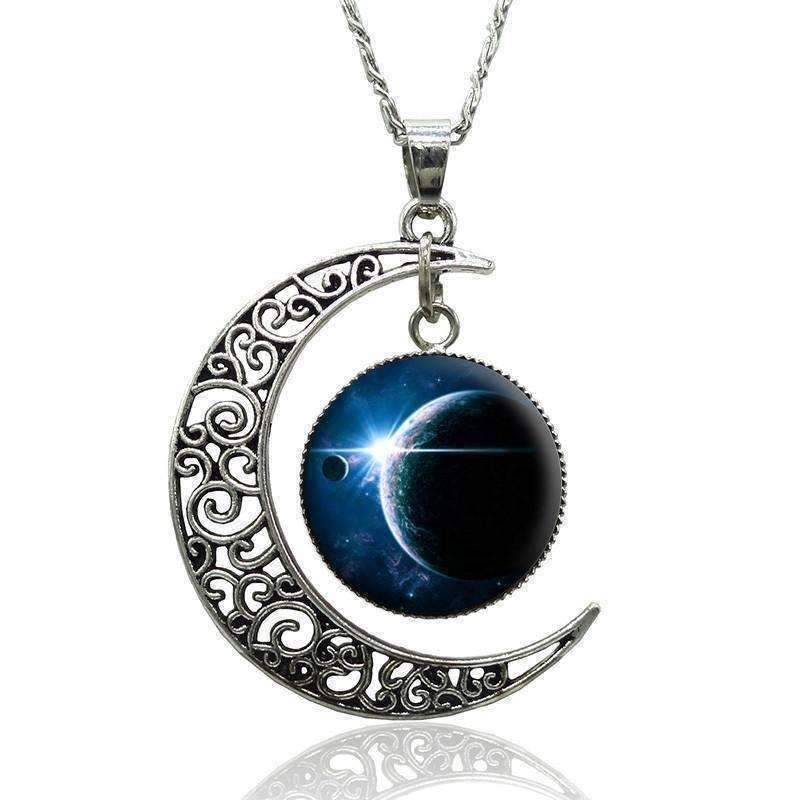 Feshionn IOBI Necklaces Silver Spellbound Silver Crescent Moon and Cabuchon Medallion Necklace