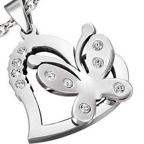 Feshionn IOBI Necklaces Stainless Steel 3D Butterfly Heart Necklace