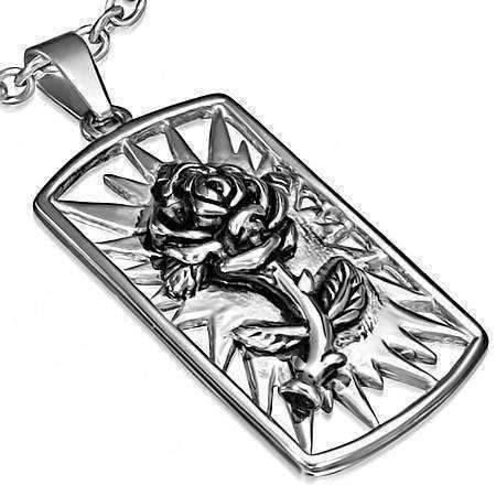Feshionn IOBI Necklaces Stainless Steel 3D Rose Embossed Dog Tag Pendant Stainless Steel Necklace