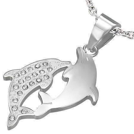 Feshionn IOBI Necklaces Stainless Steel Dolphin Dance Stainless Steel Charm Necklace with CZ Accents
