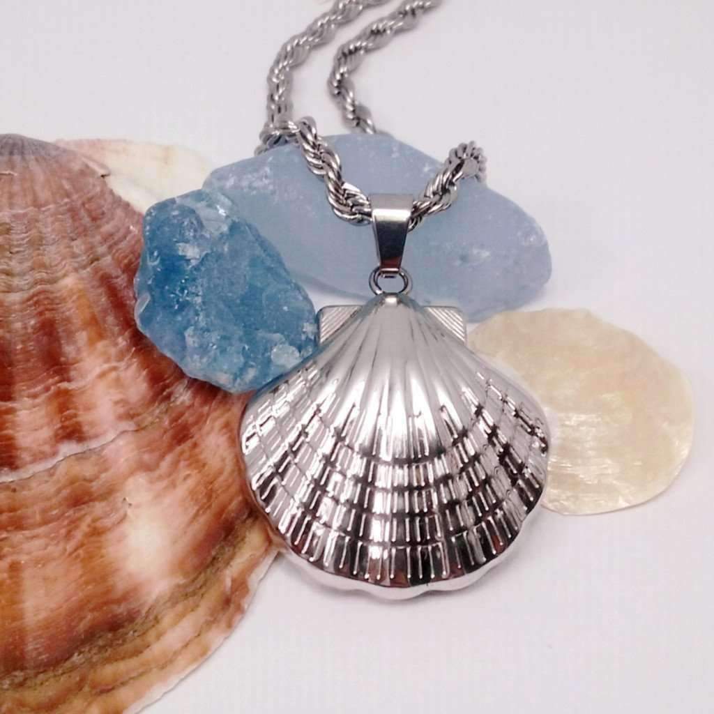 Feshionn IOBI Necklaces Stainless Steel Oceanside Stainless Steel Puffed Clam Shell Pendant Necklace