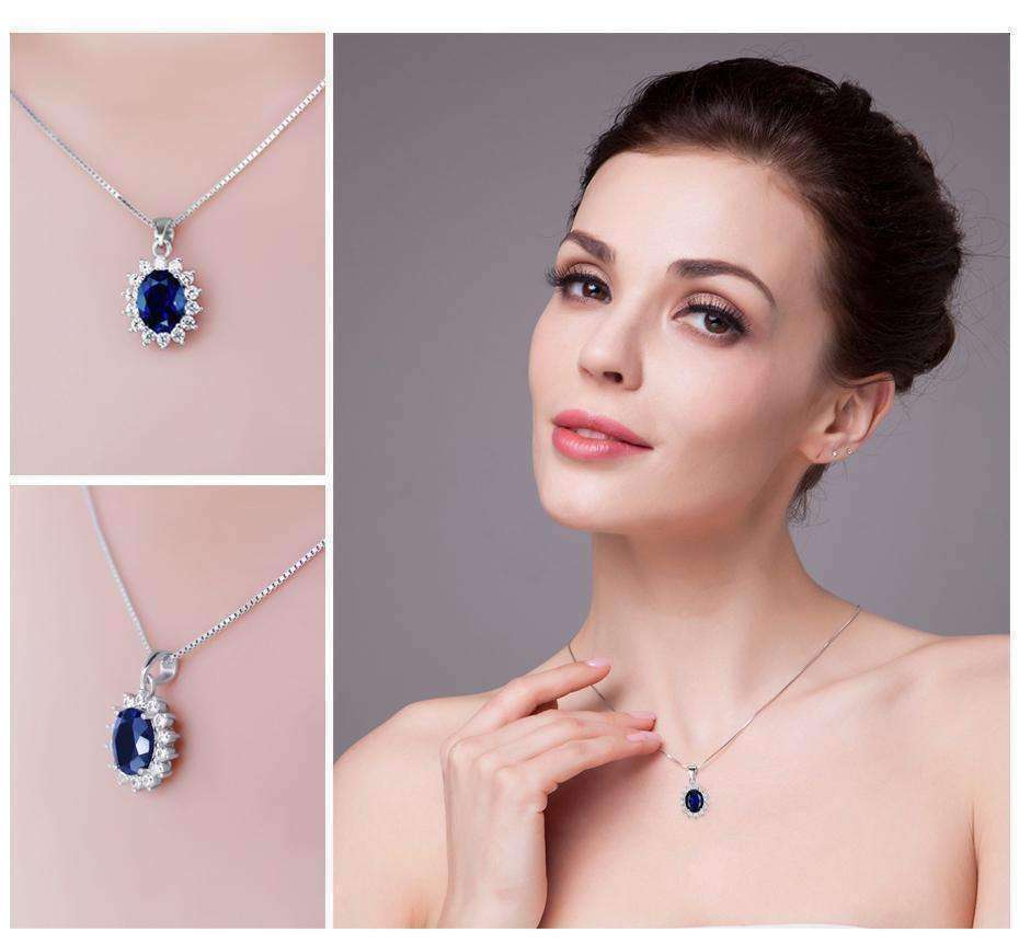 Feshionn IOBI Necklaces Swiss Blue Oval Cut 2.5CT Simulated Sapphire IOBI Precious Gems Halo Pendant Necklace