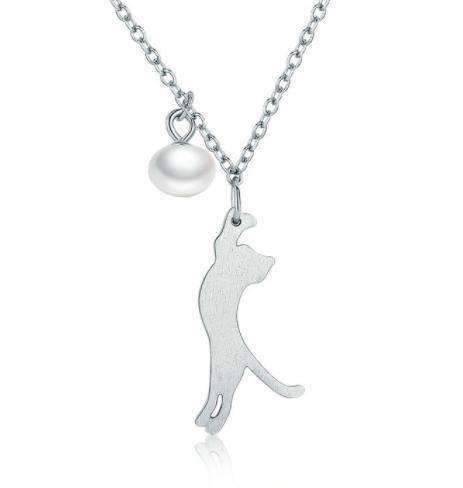 Feshionn IOBI Necklaces Trouble Dangling Kitten and Pearl Ball Sterling Silver Necklace