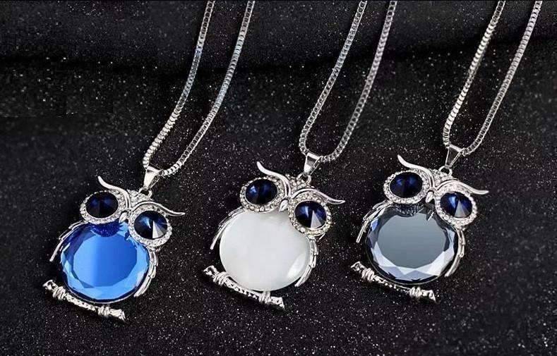 Feshionn IOBI Necklaces Twilight Blue "Night Shades" Austrian Crystal Owl Cabochon Pendant Necklace ~ Three Colors to Choose!