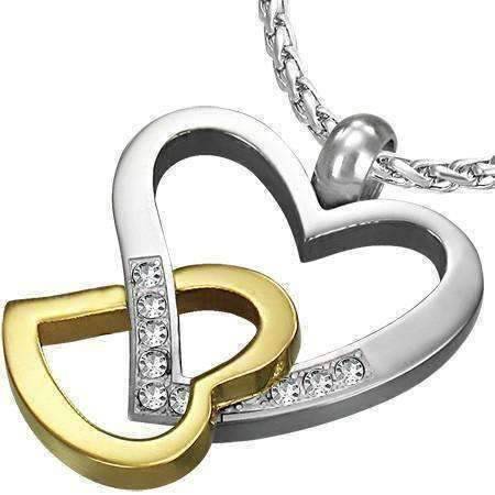 Feshionn IOBI Necklaces Two Tone Light Hearted Two Tone CZ Accented Hearts Gold Plated Stainless Steel Necklace Pendant