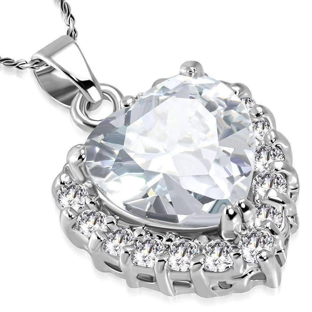 Feshionn IOBI Necklaces White "Cherish" Large Cubic Zirconia Halo Heart Pendant Necklace