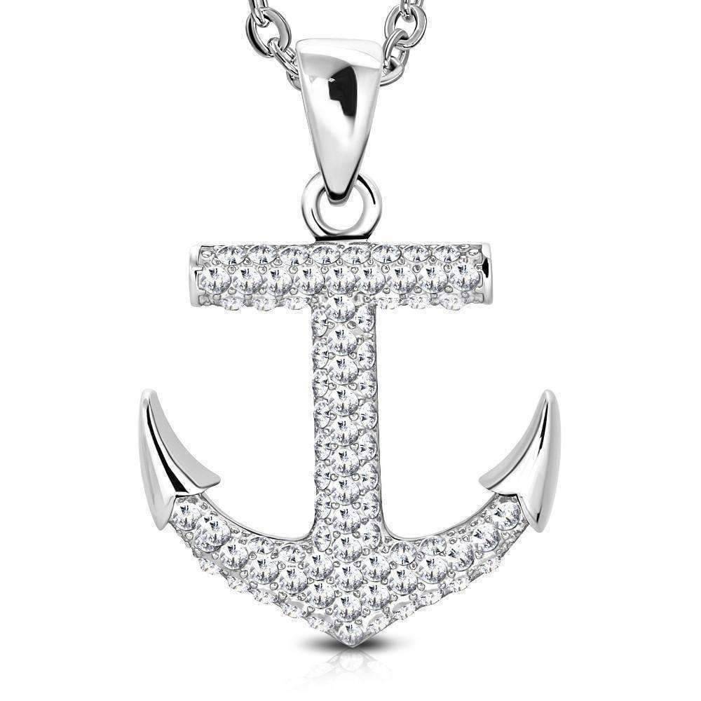 Feshionn IOBI Necklaces White CZ CZ Encrusted Mariner's Anchor Stainless Steel Pendant Necklace in Black or White CZ
