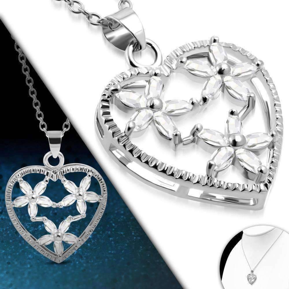 Feshionn IOBI Necklaces White "Floral Heart" Large Cubic Zirconia Heart Pendant Necklace