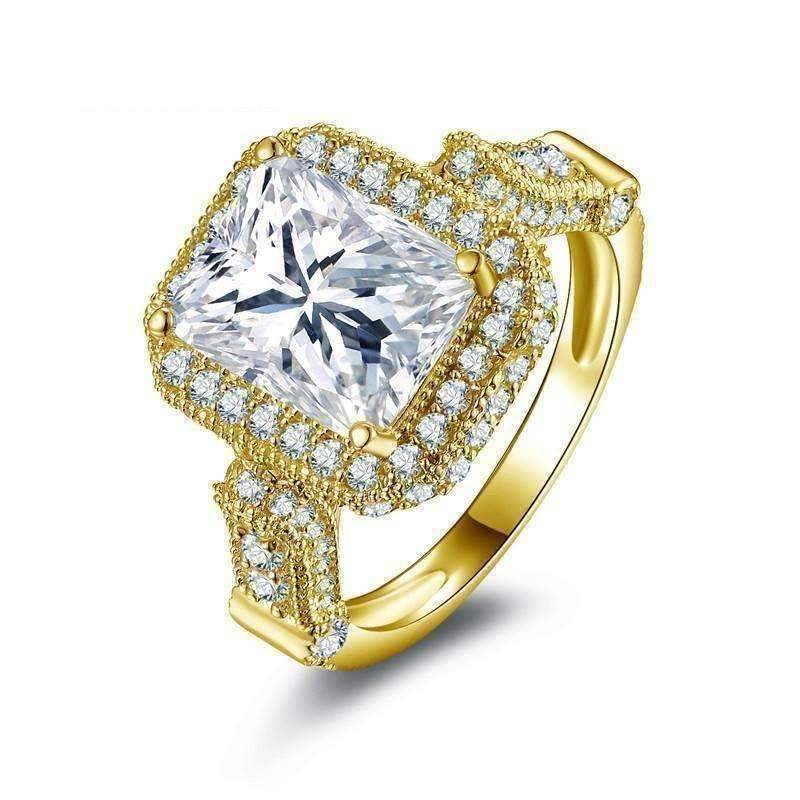 Feshionn IOBI Rings 4 Aurelia D'ora 3CT Emerald Cut Halo 10K Solid Yellow Gold IOBI Cultured Diamond Ring