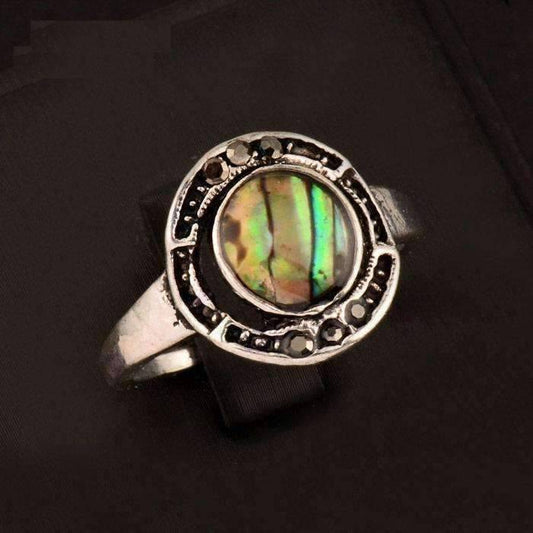 Feshionn IOBI Rings 5 Halo Abalone Shell and Black Crystal Vintage Silver Ring